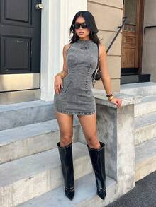 SHEIN PETITE Solid Color Fitted Mandarin Collar Sleeveless Denim Dress - Black - View 11