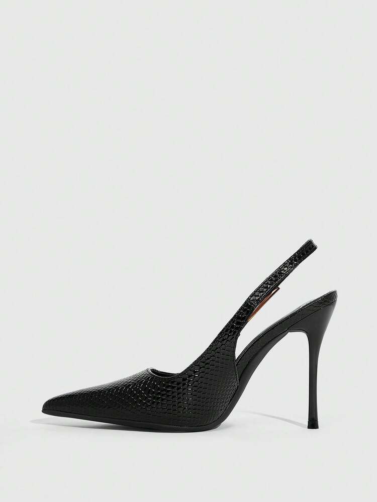 CUCCOO SZL Women's Black Pointed Toe High Heels With Faux Snake Skin Metallic Buckle Decor
