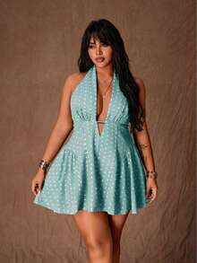 Rustia Plus Size Women's Polka Dot Halter Tie Sexy A-Line Mini Dress - Cadet Blue - View 1
