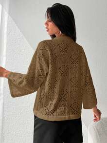 SHEIN Cottnline الجاكيت الكاردجان المحبوك اللون الأحادي المفتوح للنساء - بيج - مشاهدة 4