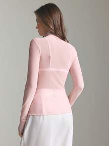 Ontre Women's Baby Pink Sheer Mesh High Neck Long Sleeve Blouse,Autumn Elegant Seksi Chic Night Out Solid Color Tops For Commuting,Business,Office,Party - Pink - View 2