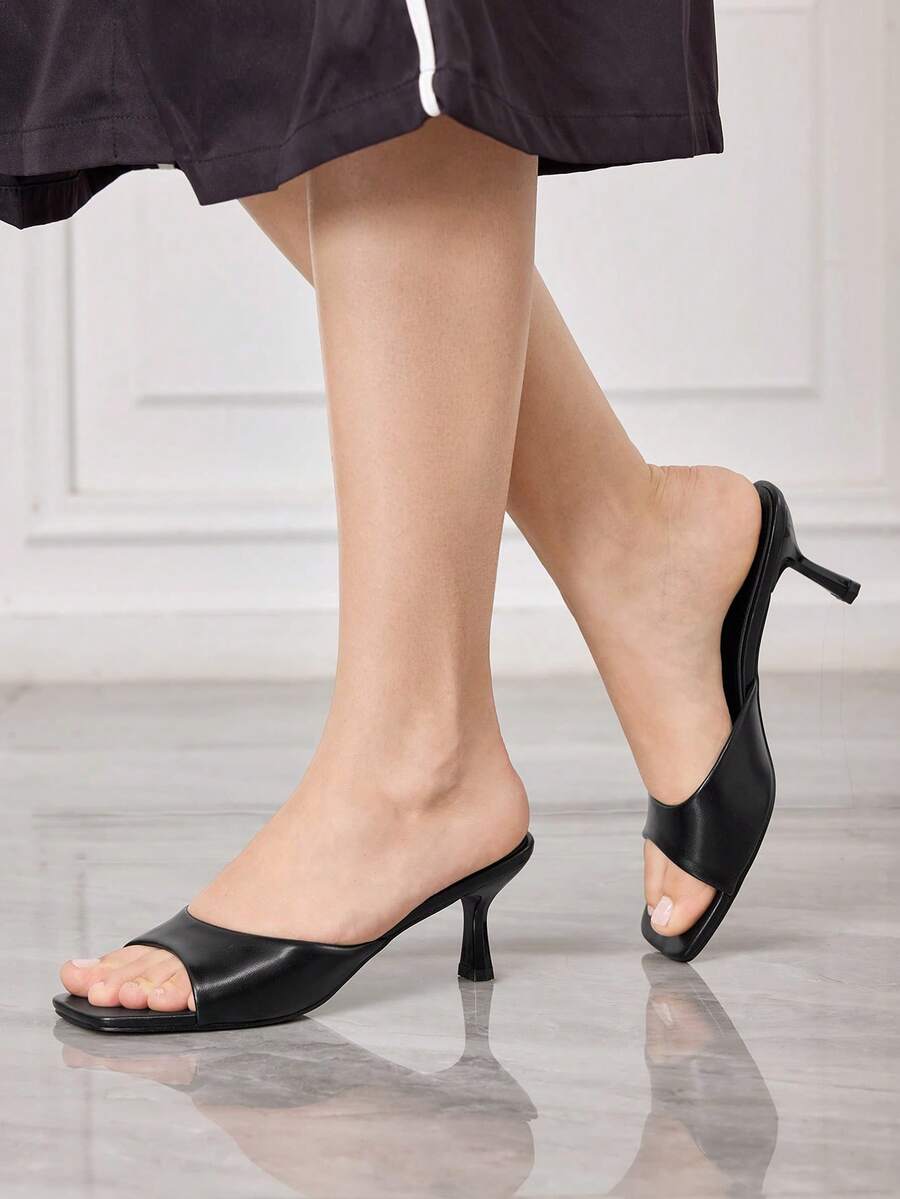 Sleekvia Women's Square Toe Black Casual High Heel Slide Sandals Valentine's Day Summer - Black - View 1