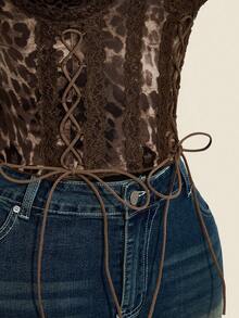 SHEIN ICON ملابس علوية كروب ضيق بحمالات رفيعة مع ربطة أمامية بطبعة نمر، صيفي - متعدد الألوان - مشاهدة 15