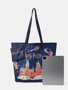 HARRY POTTER X SHEIN Fashionable Street Leisure Large Capacity Lightweight Foldable Dark Blue Children's Fun Printed Tote Bag, Storage Bag - sapphire blue - View 4