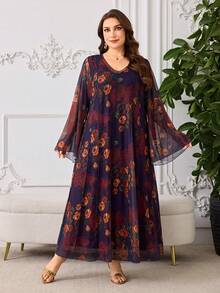 Al Najma Robe maxi ample à manches longues, col V, imprimé floral, style décontracté, pour le printemps/été, grande taille, pour femmes, style arabe - Multicolore - Voir 5