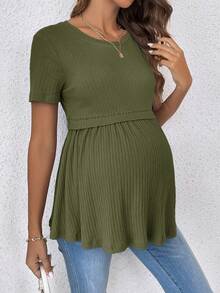 SHEIN Elegant Romantic Gender Reveal Party Round Neck Short Sleeve Maternity T-Shirt - Army Green - View 5