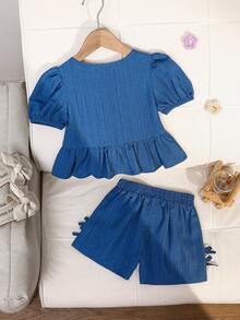 Emery Rose Kids Emery Rose Kids 2pcs/Set Young Girl Casual Comfortable Round Neck Puff Sleeve Ruffle Bow Decor Shirt And Shorts Set,Kids - Blue - View 6