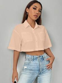 Chiquease 女士休闲纯色短袖露脐白衬衫 - 杏色 - 查看 6