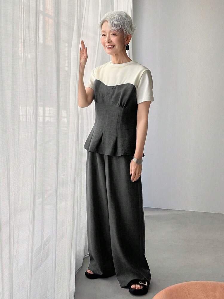 FRIFUL Bộ đồ nữ hai mảnh tay ngắn, phối màu tương phản, có dây rút ở eo, kiểu dáng rộng rãi, thoải mái, thích hợp mặc nhà mùa xuân/hè. - Xám - Xem 4