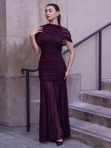 Andrea Bello Elegant Ruched Skirt Bodycon Dress, Suitable For Cocktail Party, Romantic Date, Autumn/Winter Layering, Party, Formal Gathering, Halloween, Christmas - Maroon - View 1