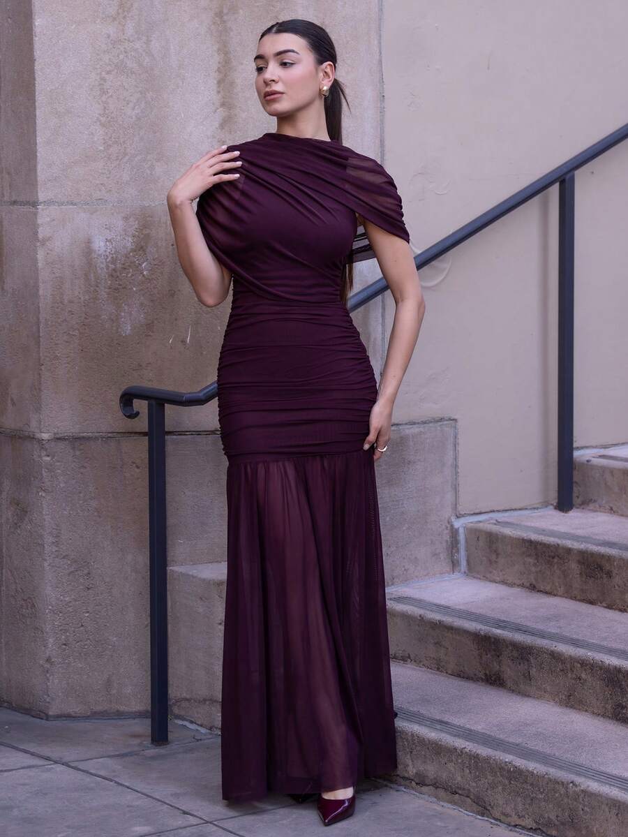 Andrea Bello Elegant Ruched Skirt Bodycon Dress, Suitable For Cocktail Party, Romantic Date, Autumn/Winter Layering, Party, Formal Gathering, Halloween, Christmas - Maroon - View 1