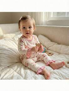 Loomiva Conjunto de 2 piezas de top de manga larga de cuello redondo y pantalones de cintura elástica con estampado de animales de dibujos animados para bebé niña - Rosa - Ver 4