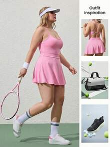 SHEIN Sovereign Charm Váy hai dây hở lưng màu trơn dành cho nữ cỡ lớn - Hồng - Xem 3