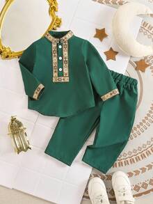 SHEIN Toddler Boys' Middle Eastern Style Traditional Embroidered Long Sleeve Top And Pants Set - Dark Green - View 1