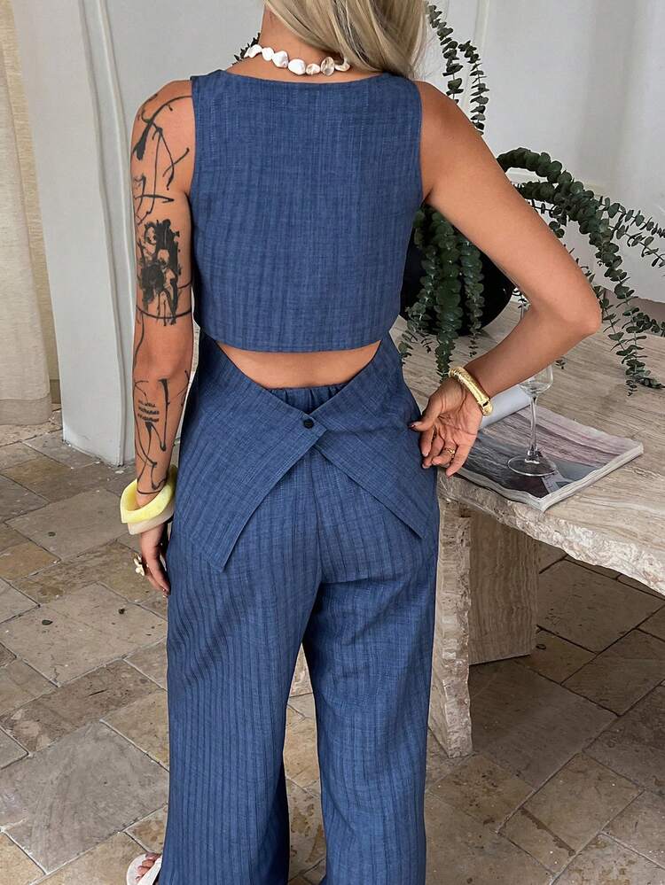 Women's Square Neck Sleeveless Camisole And Loose Wide Leg Pants 2 Pieces Casual Vacation Set Summer