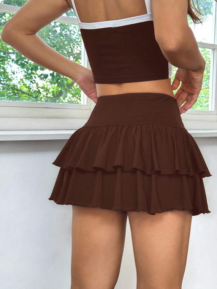 SHEIN EZwear Women's Black Double Layer Ruffle Hem A-Line Short Skirt For Summer Brown Two Piece Set Layered Tiered Mini Bathing Suit Swim - Mocha Brown - View 1