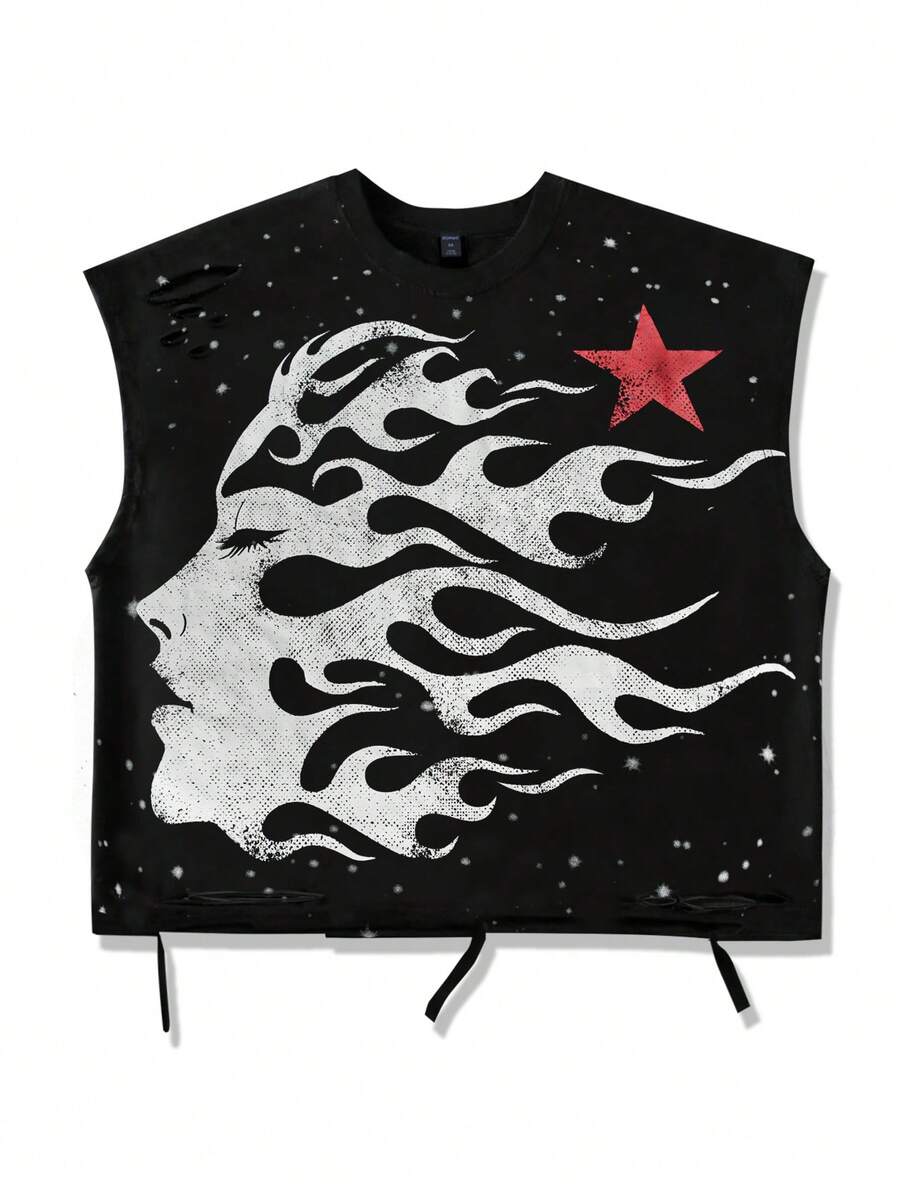 ROMWE MEN Street Life 2026春夏新款男士休闲时尚Y2K风格无袖圆领T恤，男女情侣款女士无袖背心 - 黑色 - 查看 1