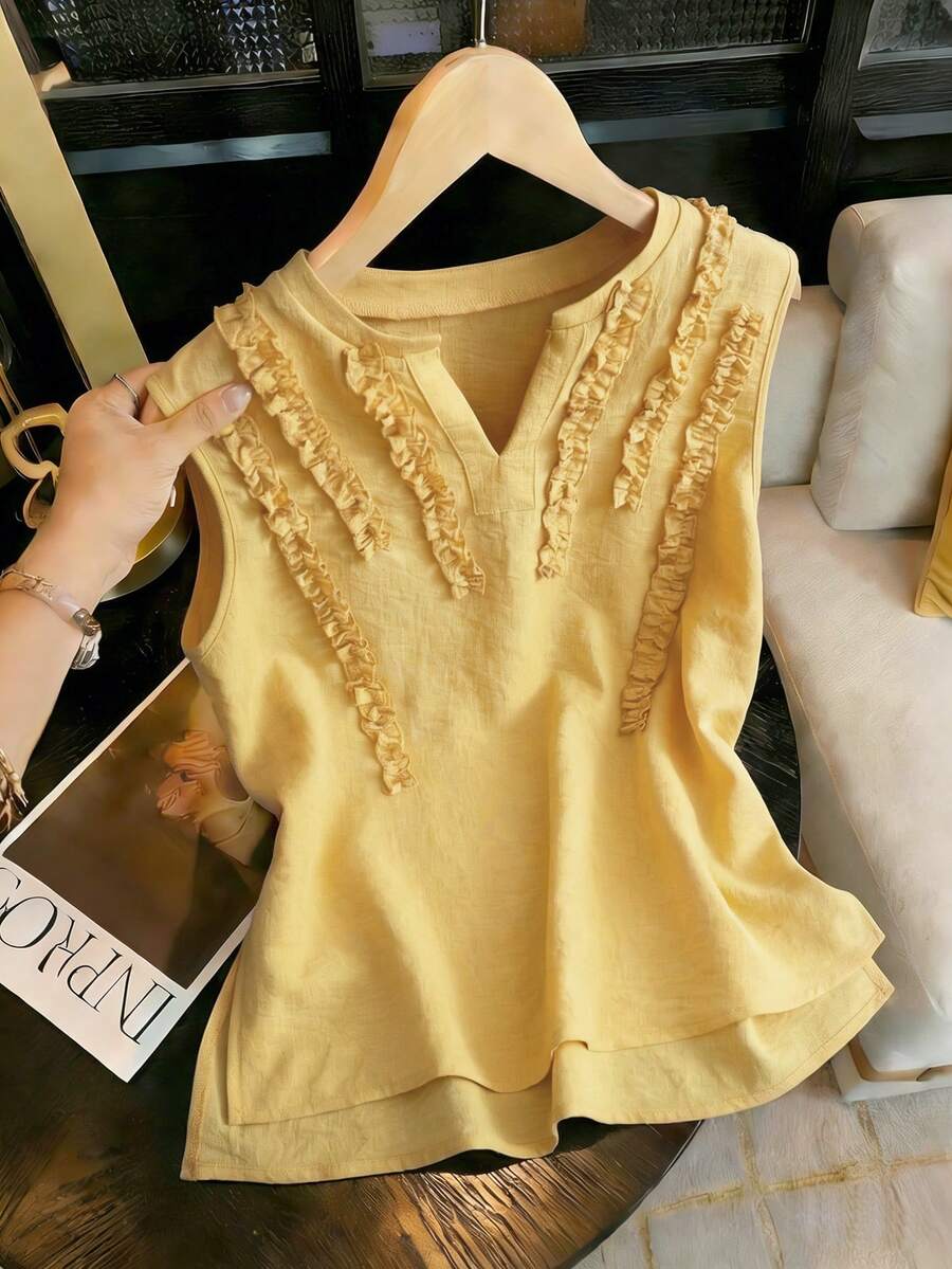 Franclia Women's Tank Tops Elegant Tank Tops Casual Tank Tops Fitted Tank Tops Ruffled Tank Tops Vacation Tank Tops Women's Yellow Tank Tops Women's Daily Wear Tank Tops Women's Beach Tank Tops Women's Spring And Summer Tank Tops - Yellow - View 1