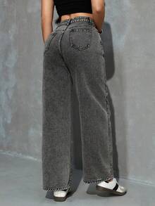 SHEIN PETITE Women's Pocketed Button Casual Versatile Daily Wear Wide Leg Jeans - Light Wash - View 2