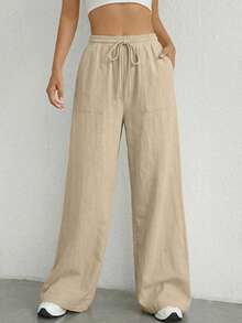 SHEIN EZwear 女士春夏新款杏色梭织休闲日常通勤简约纯色抽绳腰宽松阔腿裤 - 杏色 - 查看 3