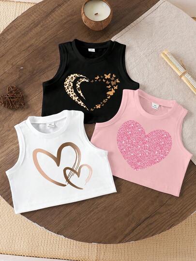 3pcs/Set Young Girl Casual Fashionable Cute Sweet Heart Print Round Neck Camisole, Suitable For Spring/Summer Outfits