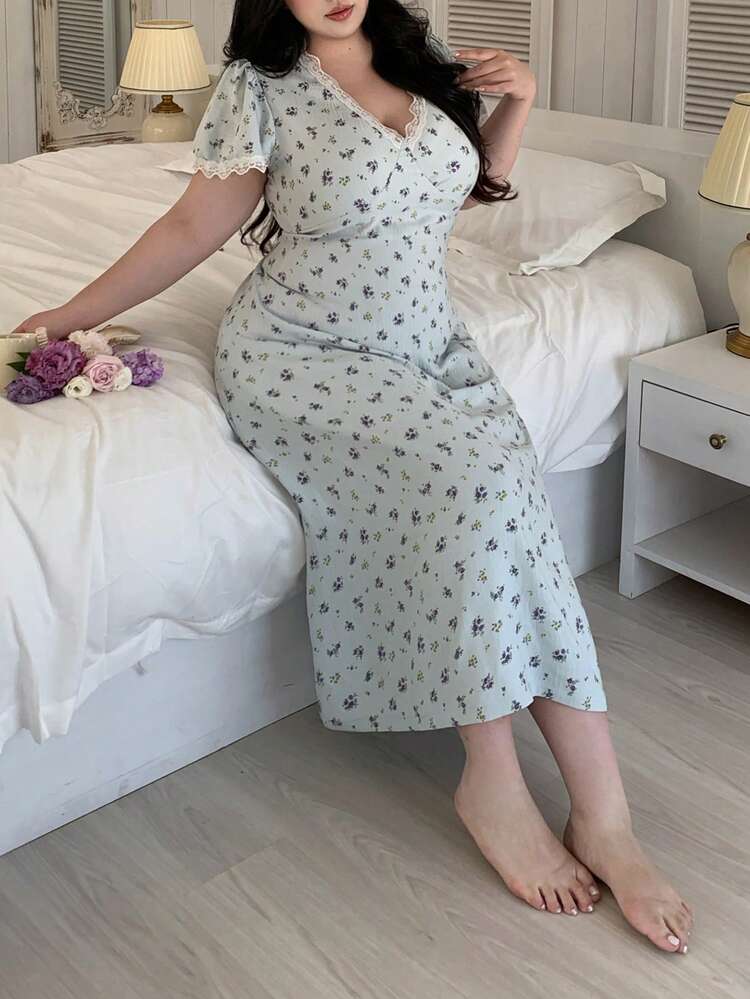 Dazy Plus Plus Size Women's Summer Ditsy Floral V-Neck Petal Sleeve Contrast Lace Tie Waist Nightgown