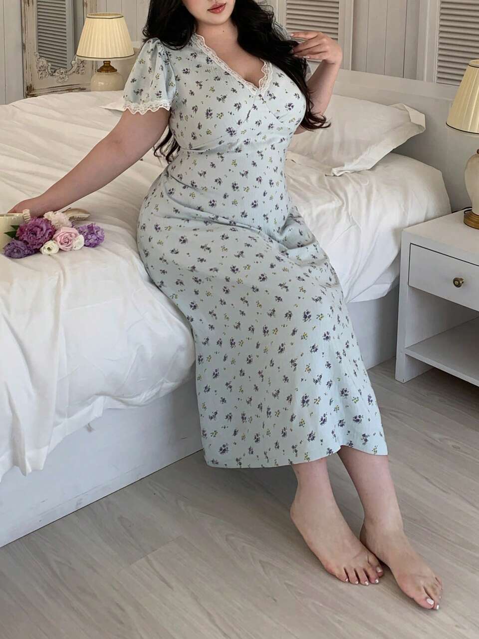 Dazy Plus Plus Size Women's Summer Ditsy Floral V-Neck Petal Sleeve Contrast Lace Tie Waist Nightgown