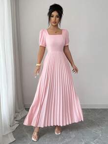 Elenzga Women's Elegant Solid Color Square Neck Pleated Dress - Pink - View 3