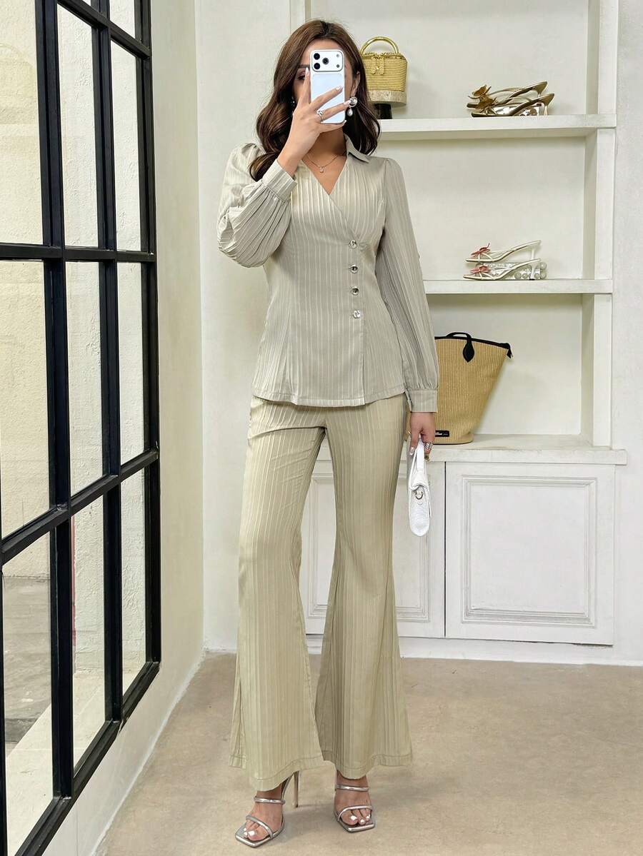Graceveil Women's Casual Minimalist Striped Textured Blazer And Flare Pants 2 Pieces Set - Khaki - View 1