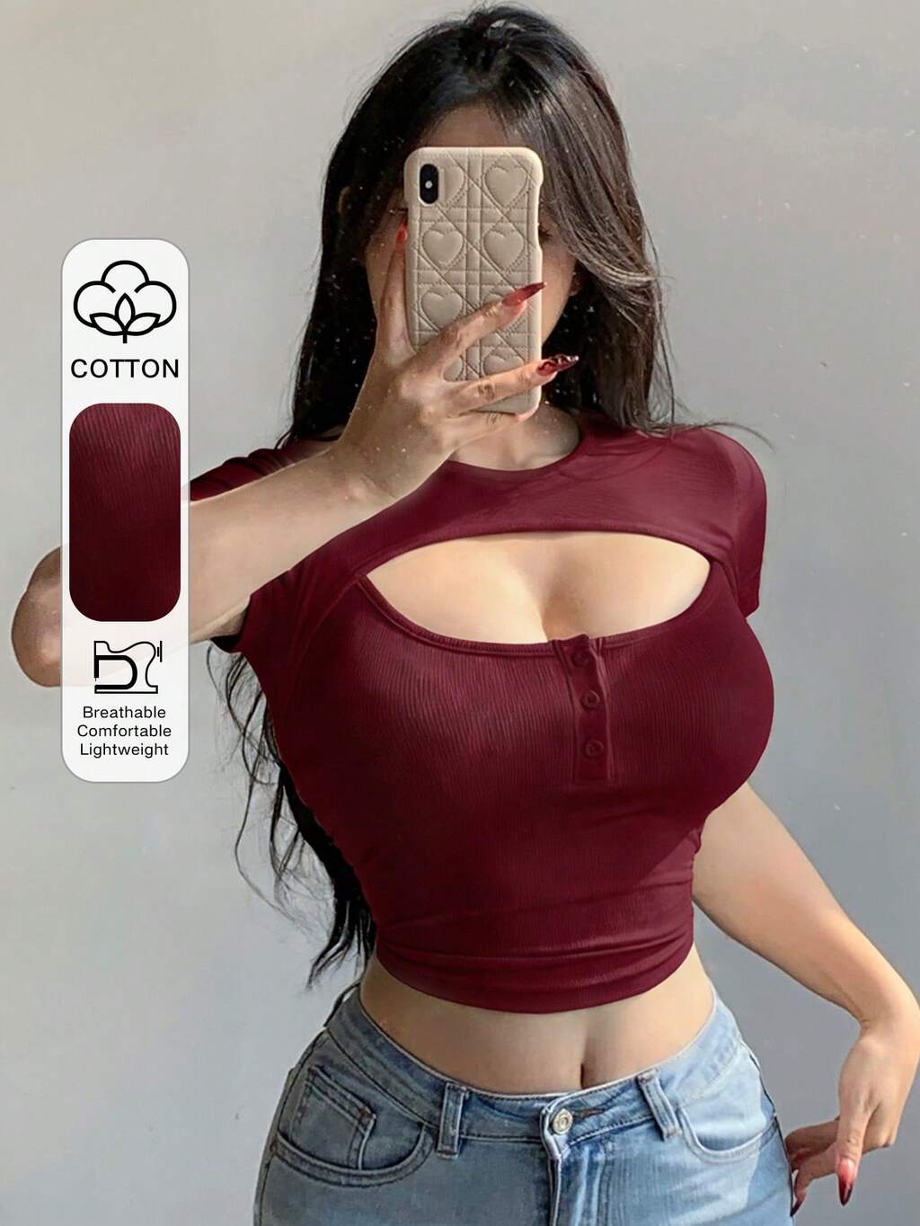 Kurzes rotes ausgehohltes Crop Top, lässiger Urlaubsstil, tailliertes Kurzarm T-Shirt für Frauen, geeignet für Frühling & Sommer