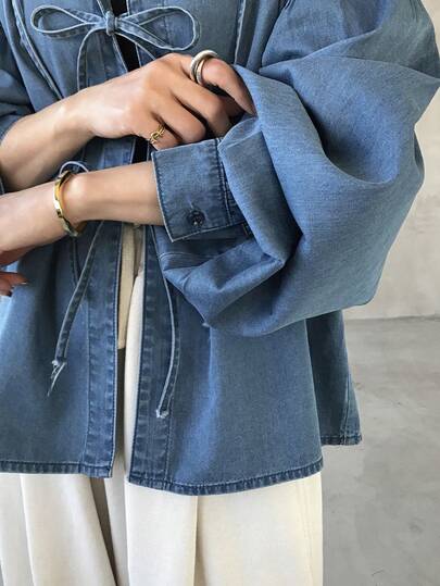 FRIFUL Women's Casual Everyday Front Tie Dropped Shoulder Loose Denim Blouse