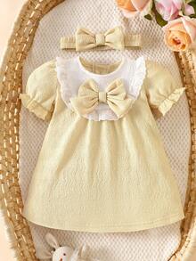 SHEIN Cute Newborn Baby Girl Yellow Dress & Bow Headband Set,Soft Summer Colour Palette,Summer Princess Lace Collar Fluffy Skirt Lettuce Ruffle Trim Outfit - Apricot - View 3