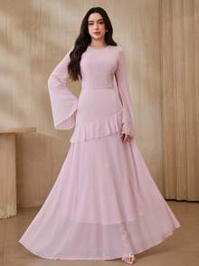 Graceveil 女士优雅喇叭袖荷叶边腰身连衣裙，纯色，春季 - 粉色 - 查看 3