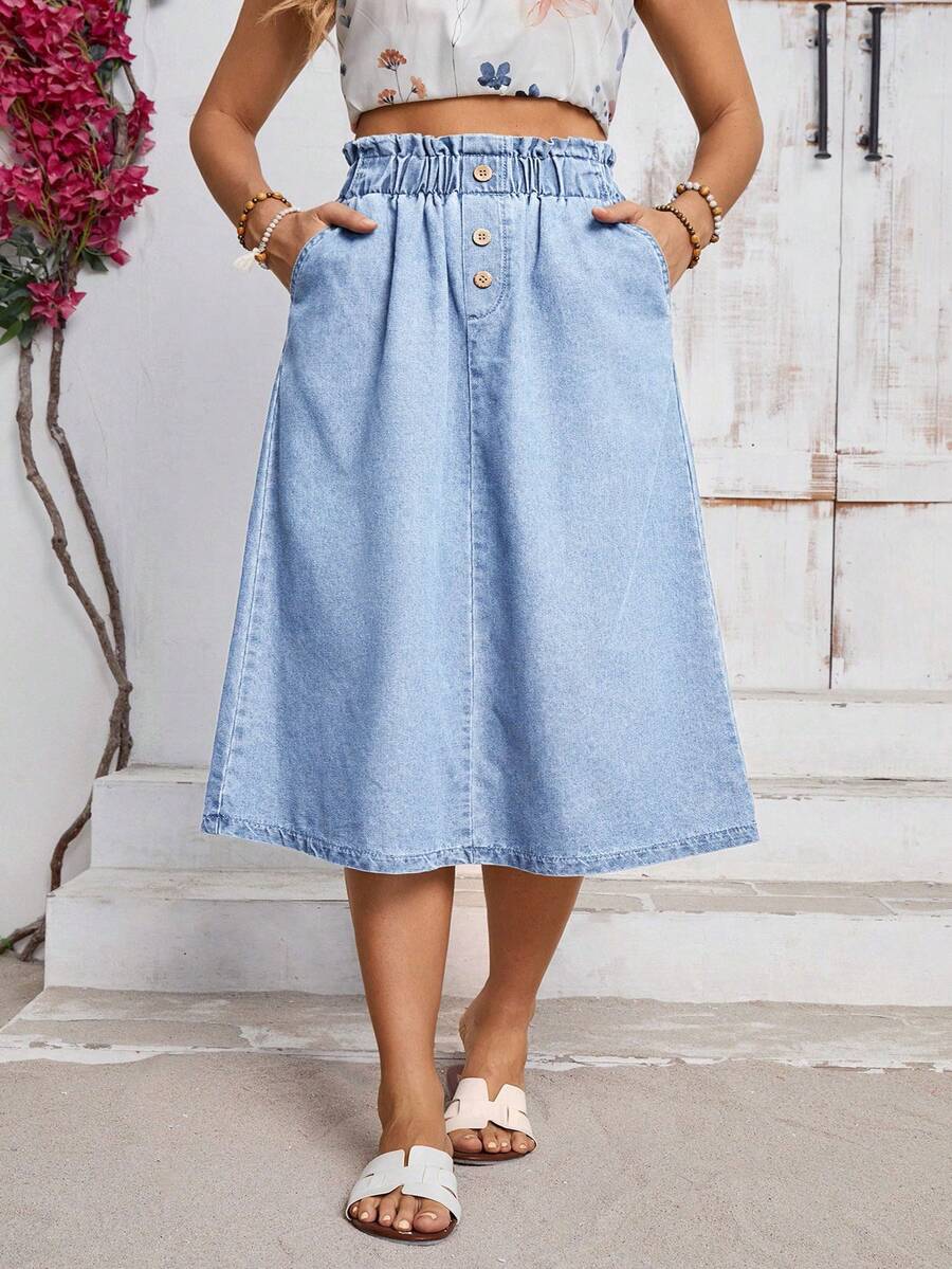 Breezaya Plus Size Solid Color Ruffle Hem Denim Mini Skirt - Light Wash - View 1