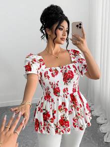 Elenzga Áo sơ mi nữ cỡ lớn in họa tiết hoa, kiểu dáng lãng mạn và thời trang, thích hợp mặc thường ngày hoặc đi làm, phù hợp cho mùa xuân/hè. - Nhiều màu - Xem 1