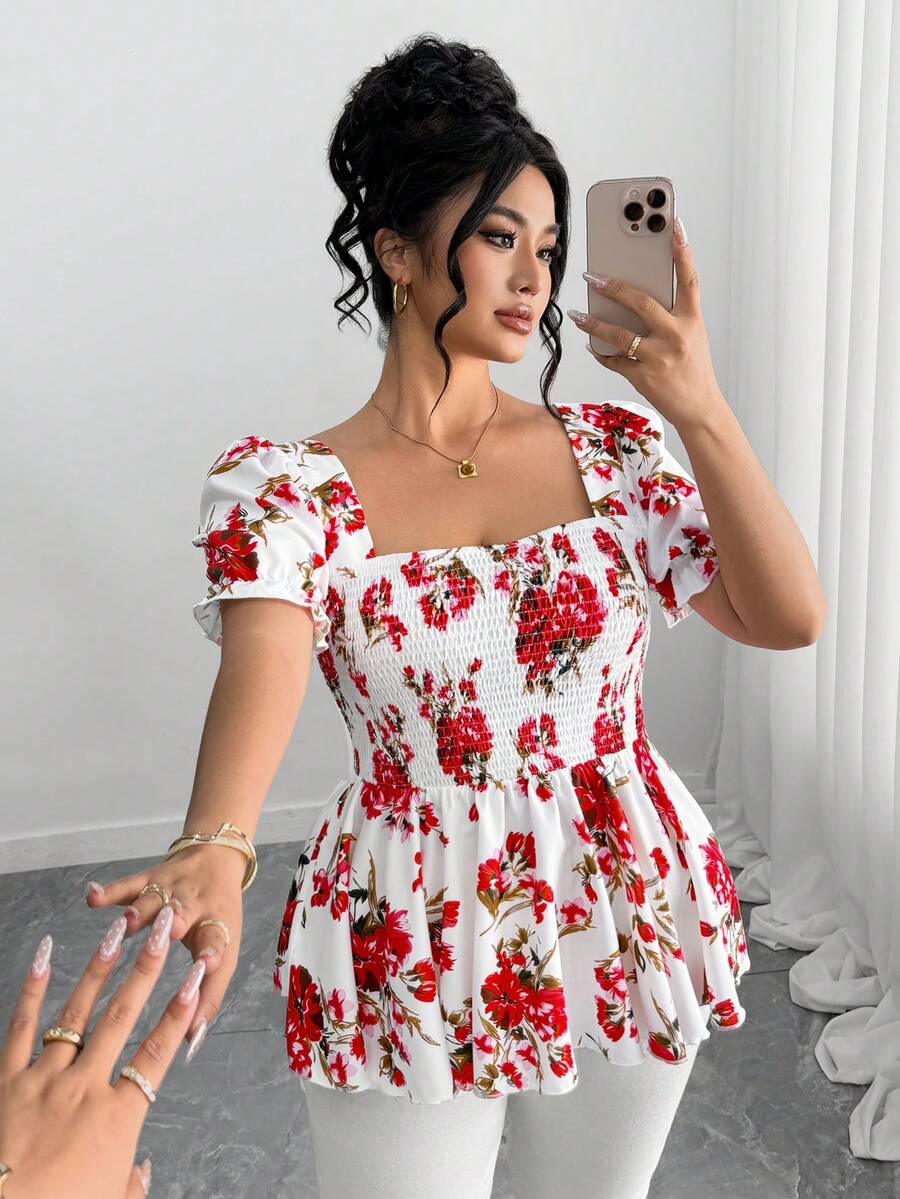 Elenzga Áo sơ mi nữ cỡ lớn in họa tiết hoa, kiểu dáng lãng mạn và thời trang, thích hợp mặc thường ngày hoặc đi làm, phù hợp cho mùa xuân/hè. - Nhiều màu - Xem 1