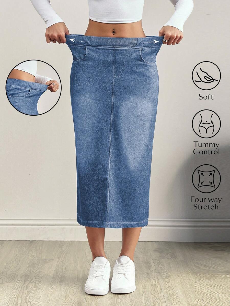 Flexra Damkjol med elastisk midja och fickor, slits och dragsko i denim, avslappnad stil - Ljustvätt - Visa 1