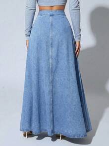 Slaydiva Plus Size Women Button Fly Casual Commuting Extra Long Denim Skirt - Light Wash - View 6