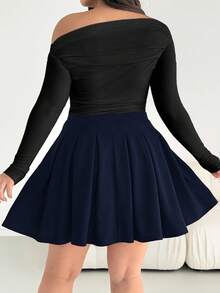 Shapeblank 大码女装秋冬时尚休闲宽松舒适日常百搭显瘦红色百褶中长裙，秋季，女装下装，圣诞节，新年 - 藏蓝色 - 查看 3