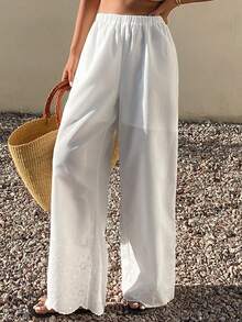 DAZY 宽松镂空阔腿裤，休闲直筒女裤，夏季 - 白色 - 查看 4