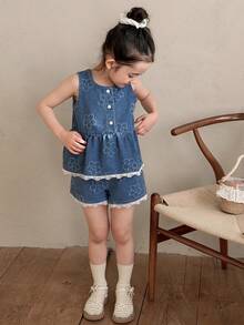 DAZY 2pcs Young Girls Crew Neck Sleeveless Denim Top And Denim Shorts Set, Fall Outfit - Blue - View 4