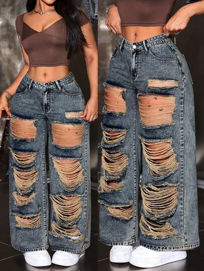 Jeanoix Plus Size Distressed Slant Pocket Loose Fit Jeans