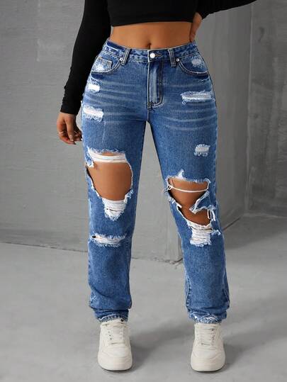 Rivivi Women's Plus Size Dark Wash Long Ripped Denim Wide Leg Jeans