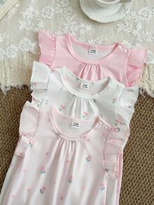 SHEIN Bộ 3 món/áo liền quần ngắn nhiều màu sắc mùa hè cho bé gái, họa tiết hoa vui nhộn, dễ thương và năng động, với tay áo bồng bềnh và cổ tay bo chun, một món đồ không thể thiếu cho những chuyến đi chơi hàng ngày. - Nhiều màu - Xem 4