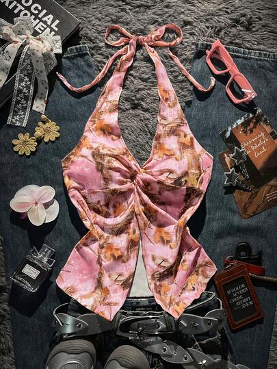 Glimmora Top de tirantes con cuello halter, espalda descubierta y nudo con estampado floral sexy, adecuado para vacaciones en la playa