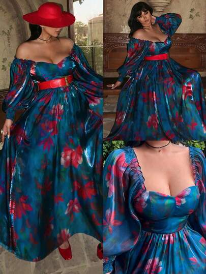 Lyrianda Vestido de línea A con mangas abullonadas, estampado digital de organza, elegante y vintage, talla grande