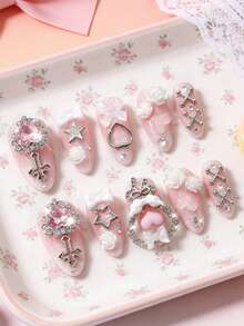 ROMWE Kawaii 10片可爱蝴蝶结、爱心、玫瑰、星星元素假指甲 + 3卷双面胶，粉色Y2K风格钻石美甲，中长杏仁形，适合派对和日常佩戴 - 彩色 - 查看 1