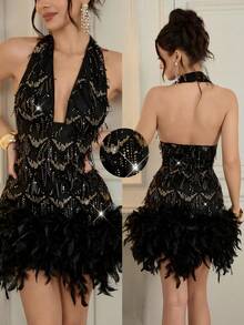 Poshira 迷你秋冬流苏亮片羽毛深V领性感奢华生日派对礼服，适合音乐节、鸡尾酒会、家庭聚餐、毕业典礼、单身派对等场合。 - 黑色 - 查看 4