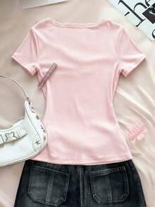 INAWLY Women's Solid Color Contrast Lace V-Neck Short Sleeve Ruffle T-Shirt - Pink - View 2