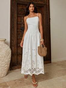 Enchnt Women's White Summer Tropical Garden Party Holiday Vacation Hollow Embroidery Spaghetti Strap Backless Maxi Dress,Elegant Wedding Guest Beach Outfits - White - View 4
